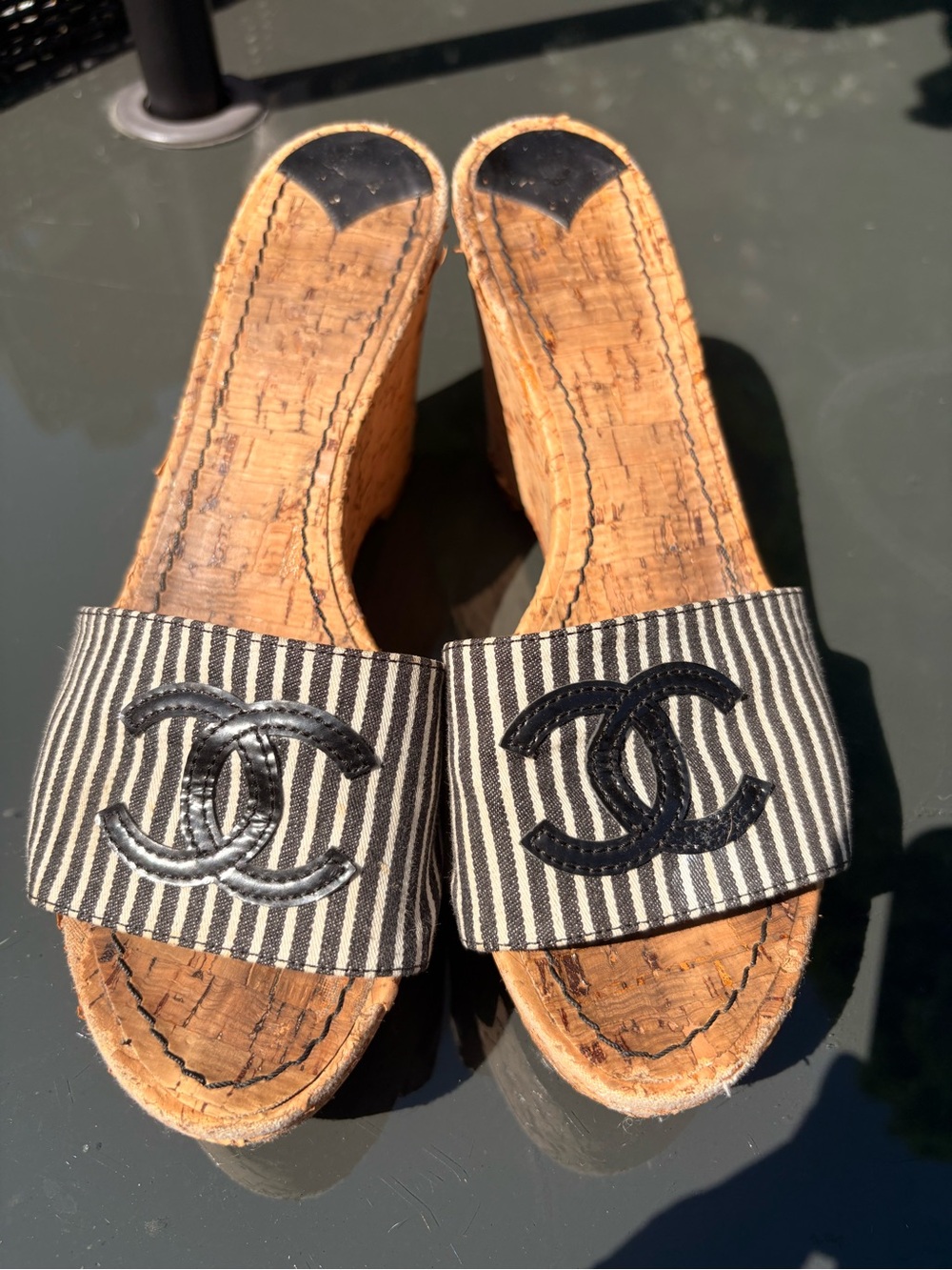 CHANEL Black & White Striped Cork Wedge Slides